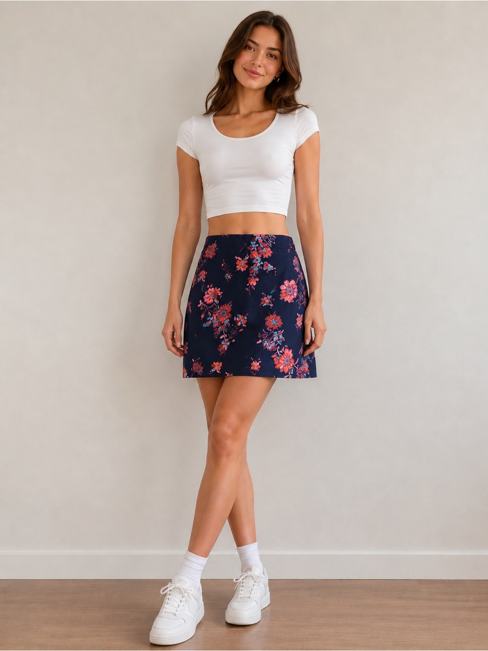 MSSP Navy Floral Mini Skirt with Pink & Coral Blooms. 40%Rayon 50 %polyester .